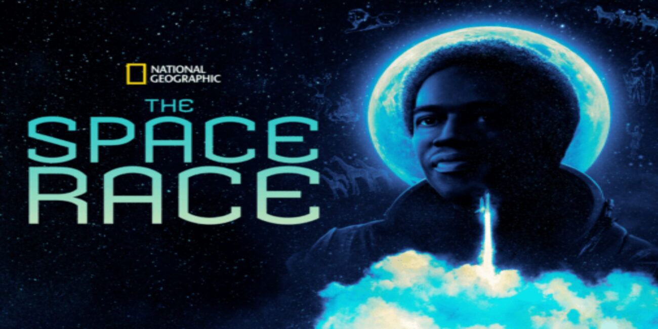 Cortés Filmworks: A promotional image for "The Space Race" by National Geographic, created by Cortés Filmworks, features a person with a glowing outline of a spacesuit helmet, set against a cosmic background with a rocket launch below them. The bold title "The Space Race" is prominently displayed on the left. : CortesFilmworks.com