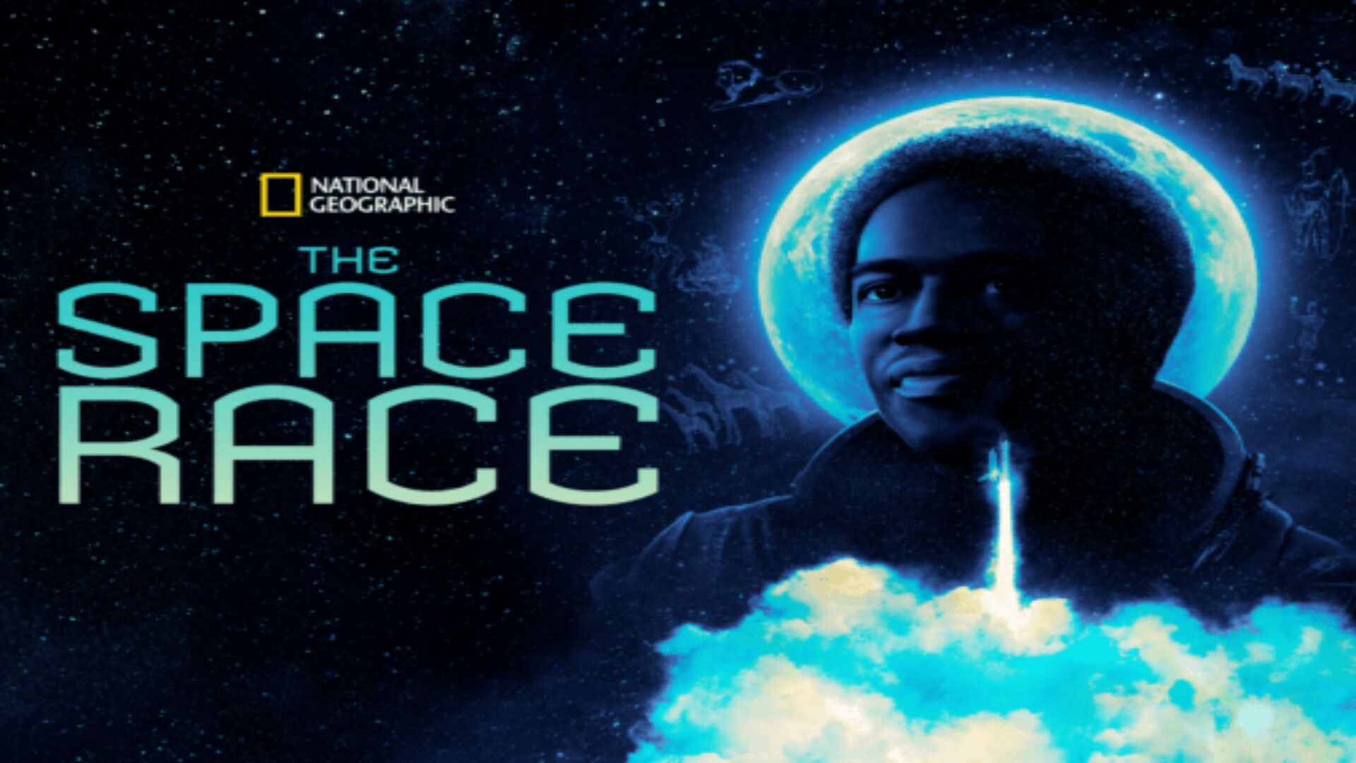 Cortés Filmworks: A promotional image for "The Space Race" by National Geographic, created by Cortés Filmworks, features a person with a glowing outline of a spacesuit helmet, set against a cosmic background with a rocket launch below them. The bold title "The Space Race" is prominently displayed on the left. : CortesFilmworks.com